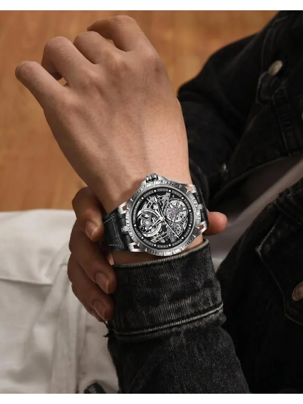 Men's Silver band & Black Leather Strap Classic Adjustable Dress Wrist Watch